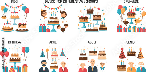 Birthday Celebration Set for Different Age Groups with Kids, Adults and Seniors Party Scenes, Cakes, Gifts and Balloons in Flat Vector Illustration Style