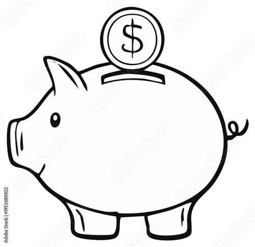 Simple Line Drawing of a Piggy Bank with a Coin Being Inserted