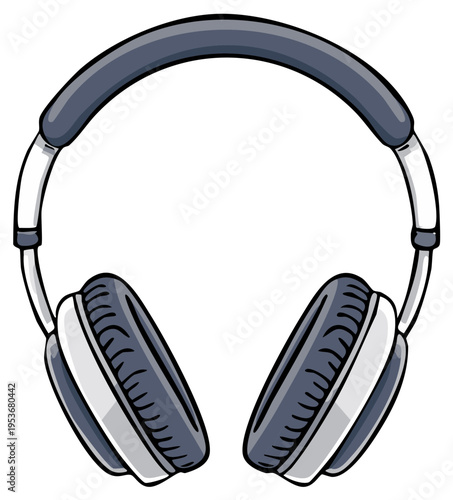 Cartoon style vector illustration of grey and white over ear headphones for music and audio listening