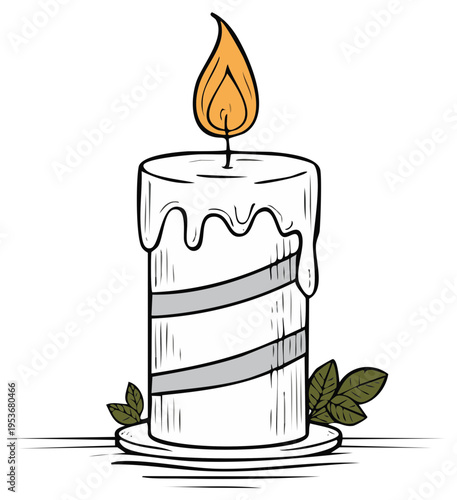 Hand drawn lit pillar candle with melting wax and decorative leaves