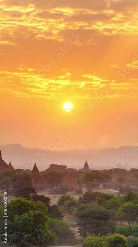 4K Vertical Golden Sunrise Over Ancient Pagoda Temple Landscape