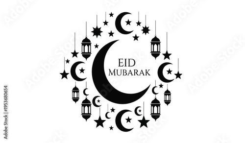 Eid mubarak celebration silhouette with crescent moons lanterns and stars