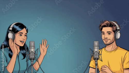Vector illustration in a cartoon style. A man and a woman wearing headphones and carrying microphones are hosting a podcast in a casual setting.