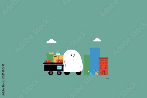 Minimalist Flat Vector of a Friendly Puffy Delivery Robot in the City