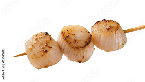 Obraz na płótnie Delicious golden brown grilled scallops on a wooden skewer, perfectly seared and