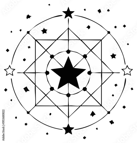 Mystical Geometric Symbol: Star, Circle, Square in Black and White Line Art