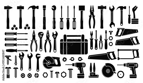 Silhouette of various tools and equipment in a toolbox silhouette
