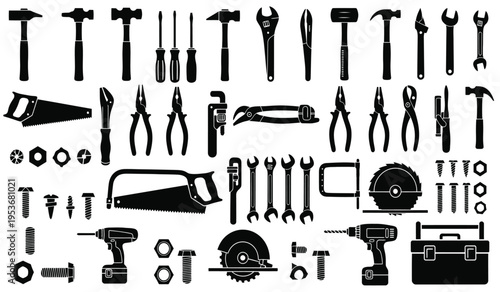 Silhouette of various tools and equipment in a grid layout showcasing a collection of hardware and machinery silhouette
