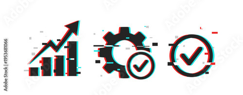 Growth and quality assurance icons indicating progress on white background. Glitch effect