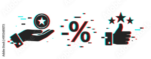 Ratings and rewards icons displayed with glitch effect on white field. Glitch effect