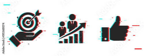 Hand holding target with growth chart and thumbs up. Glitch effect