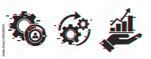 Gears and process icons with growth chart on white background. Glitch effect