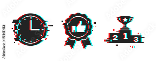 Time badge and podium icons indicating punctuality quality ranking. Glitch effect