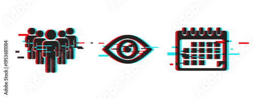 Group people eye and calendar icons with glitch effect. Glitch effect