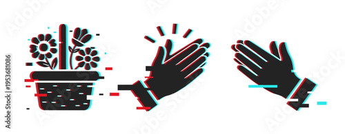 Gardening and clapping icons showing plant care and appreciation on white background. Glitch effect