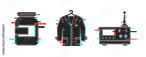 Supplement jar, suit jacket, and radio icons on white background. Glitch effect