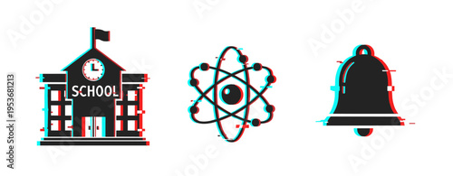 School building displaying science atom and bell icons. Glitch effect