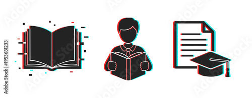 Open book and student reading with diploma icons on white. Glitch effect