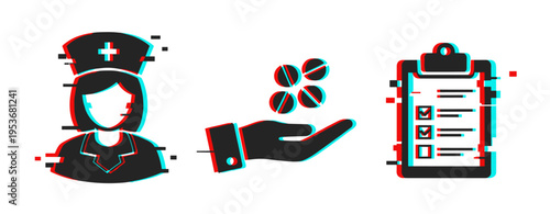 Nurse offering medication with checklist in clinical setting. Glitch effect