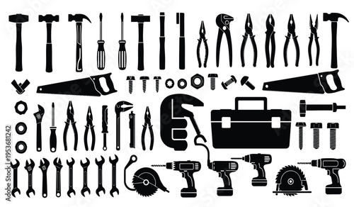 Silhouette of various tools and equipment for construction and diy projects in a single image