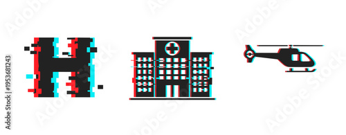 Hospital icons indicating emergency transport on white background. Glitch effect