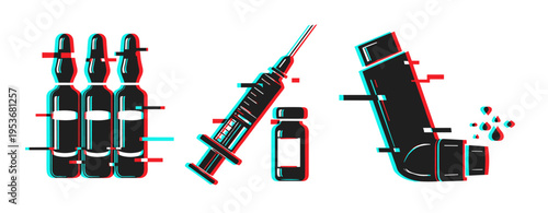 Medical injection inhaler and ampoule icons representing treatment tools. Glitch effect