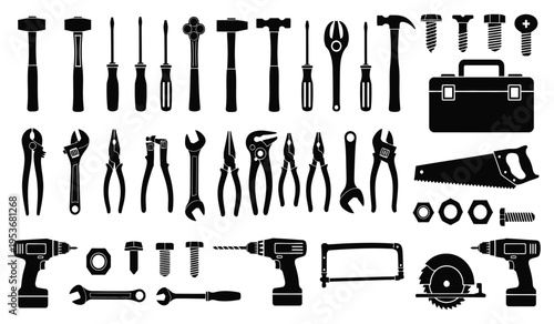 Silhouette of various tools and equipment for construction and repair work in a toolbox