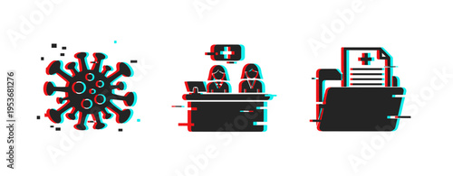 Virus patient consultation and medical records icons on white. Glitch effect