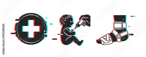Medical cross vaccinating baby with foot brace icon set. Glitch effect