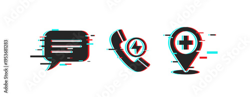 Communication icons showing phone call and medical location on white. Glitch effect