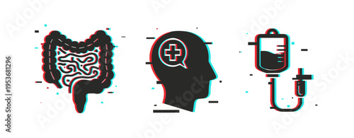 Medical symbols representing digestive brain and intravenous concepts. Glitch effect