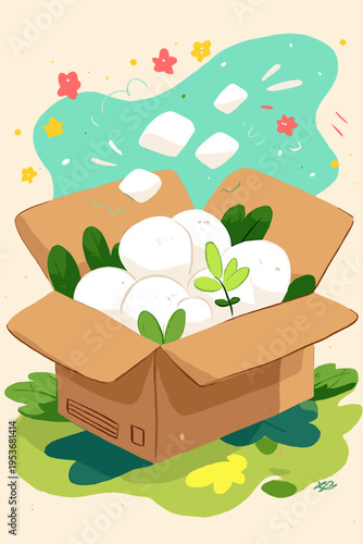 Minimalist Vector of Oversized Biodegradable Cardboard Box with Mycelium Foam