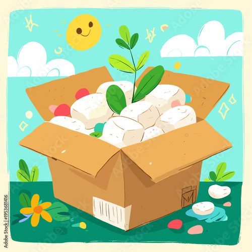 Minimalist Vector of Oversized Biodegradable Cardboard Box with Mycelium Foam