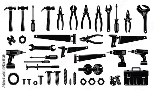 Silhouette of various tools and equipment in black on a white background showcasing a collection of hardware and machinery silhouette