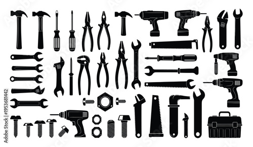 Silhouette of various hand tools and equipment on a white background