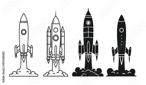 Four space rockets in various designs and a silhouette on white background