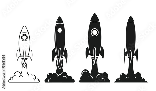 Four rocket silhouettes blasting off into space with varying designs and silhouette