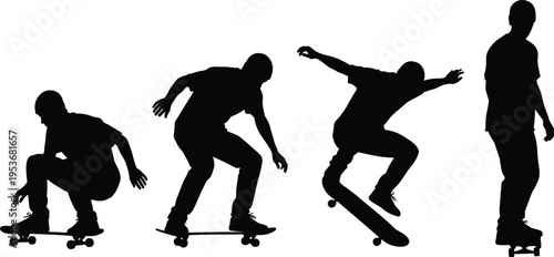 Black silhouette sequence of a male skateboarder performing an ollie jump trick progression on a white background, isolated professional sports action vector illustration.