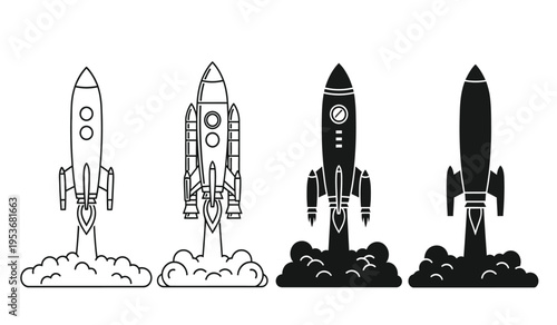 Four rocket silhouettes blasting off into space with smoke and flames silhouette