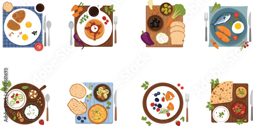 Breakfast and Healthy Meal Plate Set with Eggs, Bread, Fruits and Vegetables, Top View Food Compositions for Menu Design, Restaurant Branding and Nutrition Illustration