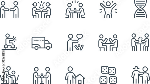 Community support and outreach icons vector set, social services illustration, education and companionship design, public health artwork concept