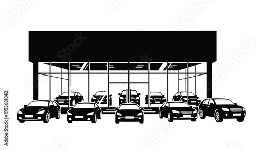 Silhouette of cars parked in front of a large building with a glass facade and a flat roof silhouette