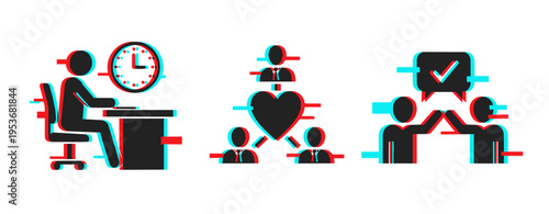 Conceptual icons: time management, team collaboration, effective communication