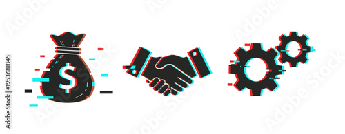 Glitch effect icons: money bag, handshake, gears representing business and finance