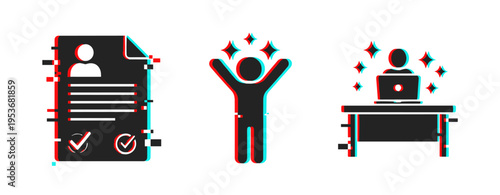 Glitch effect icons: resume, celebration, and office work concepts