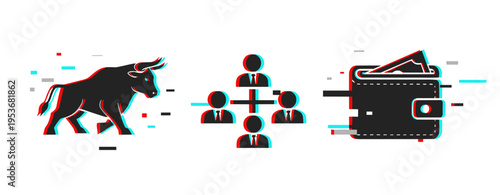 Abstract finance: bull market, team collaboration, digital wallet icons