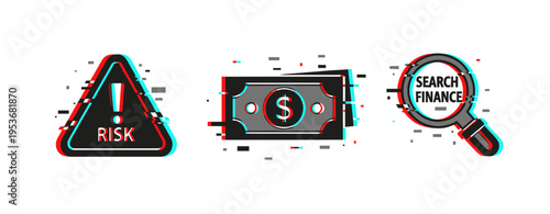 Glitch art icons: risk warning, currency note, finance search magnifier