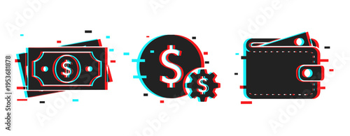 Digital currency and financial icons in glitch art style