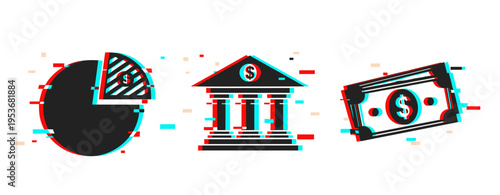 Glitch effect on pie chart, bank building, and dollar bill icons in digital art