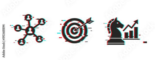 Glitch art icons: network diagram, target with arrow, chess knight with rising graph